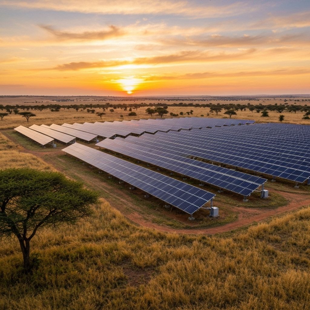 Modern solar farm at sunrise